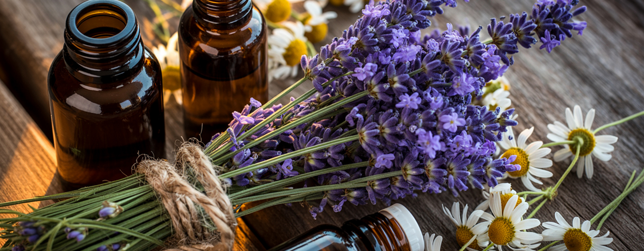 Frascos âmbar com óleos essenciais rodeados de lavanda e camomila sobre superfície rústica de madeira