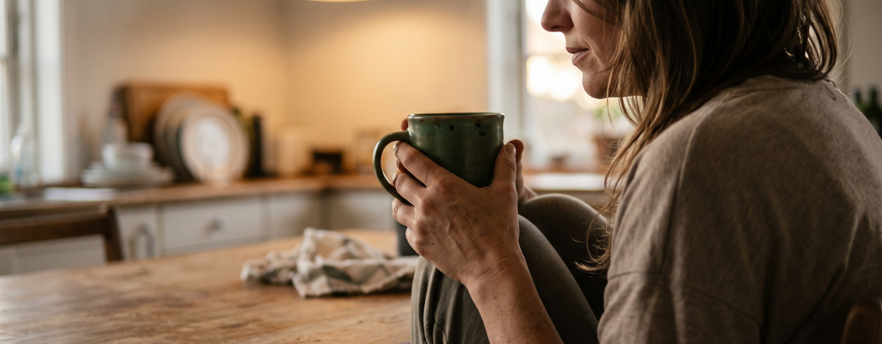 Mulher sentada à mesa da cozinha ao fim do dia, imagem sobre recuperar o equilíbrio emocional e energético