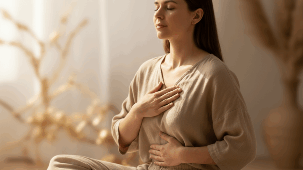 Mulher com mãos no peito e na barriga a praticar respiração consciente para regressar ao corpo.