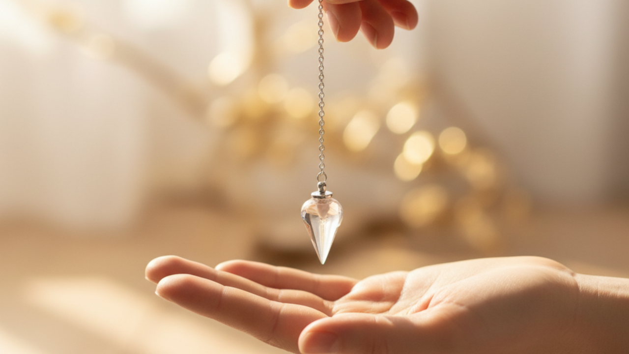 Mulher a segurar um pêndulo com suavidade, simbolizando presença e clareza interior.